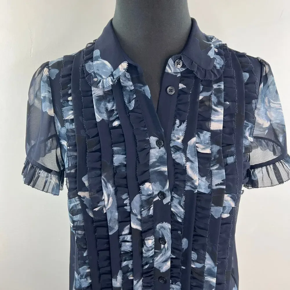 KATE SPADE Black Blue Top Night Rose Collared Ruffle Sleeve Button-Up Size Small